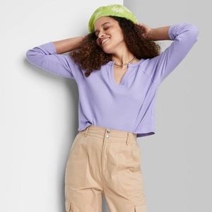 Wild Fable V-Neck Waffle Boxy T Shirt Long Sleeve Purple size L